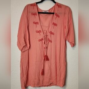 Saltylemon Swim Cover-up, Coral Palm‎ Trees Embroidered on Front, Size L